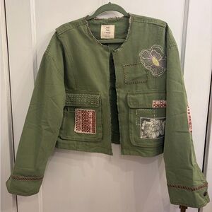 We the Free Canvas Patchwork Appliqué Green Embroidered Jacket